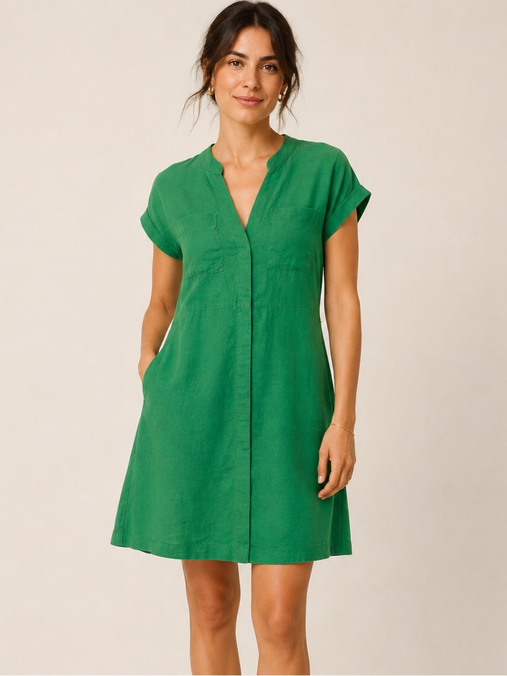 Boden 100% Linen Green V-Neck Dress Petite US 4P UK 8P Resortewear
